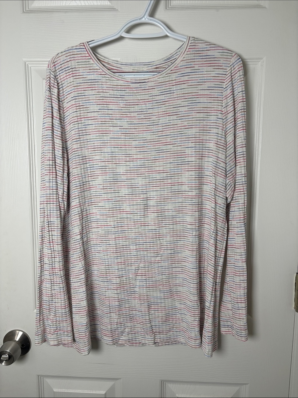 Lane Bryant Lightweight Long Sleeve Tee in White with Pink & Blue Stripes